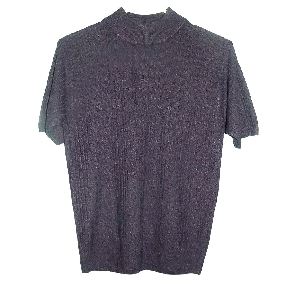 crystal kobe women medium vintage navy cable knit mock neck short sleeve sweater